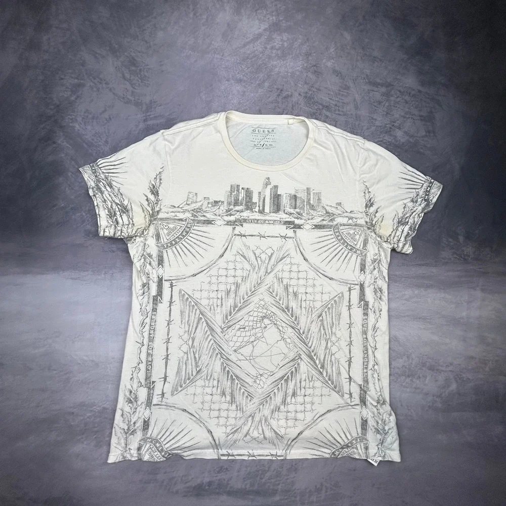 Vintage Guess Los Angeles City of Angels Graphic T-Shirt White Cream Mens Medium - Picture 2 of 6